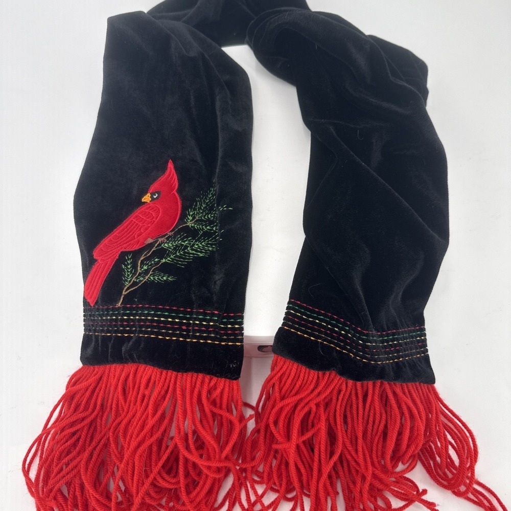 Black Velvet Embroidered Scarf W/ Cardinal Bird & Pond Branch &‎ Red Fringe